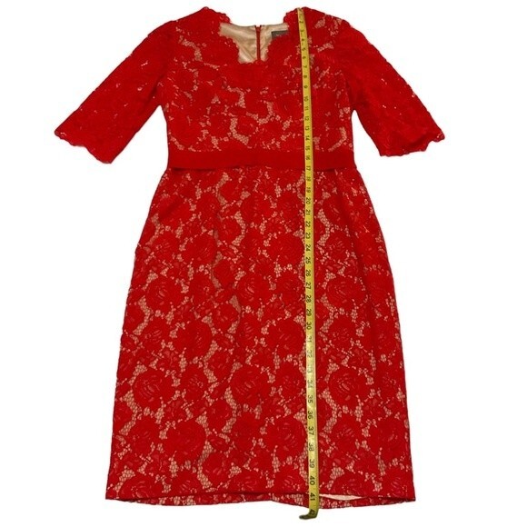Theia Red Lace Midi Shift Dress US 10 Red Nude Sleeves Belted - Picture 4 of 7